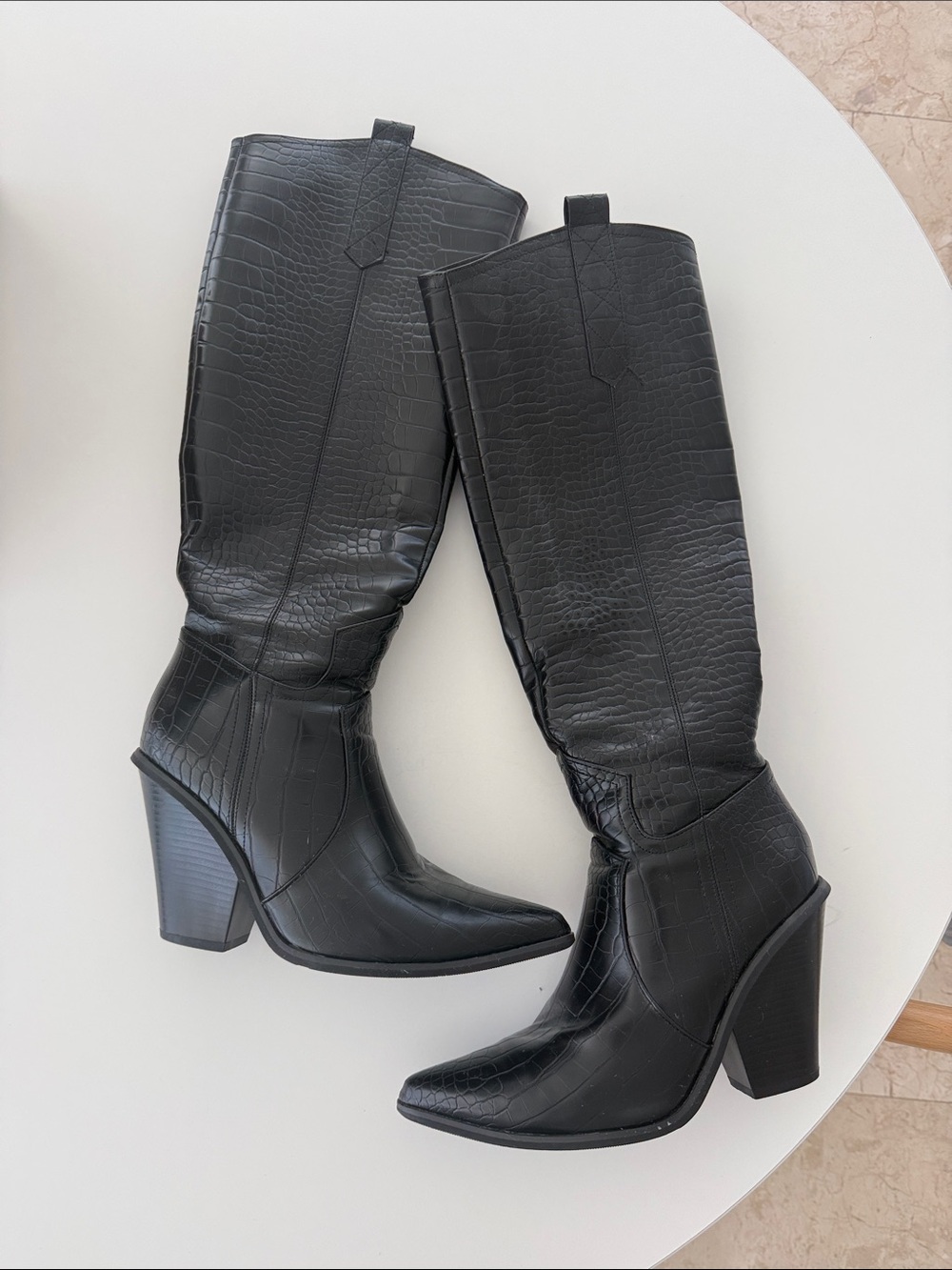 Black Croc-Embossed Knee Boots - Women's Fashion Heel